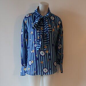 NWT Womens Bululu Blue Purple Satin Striped Romantica Eyes Blouse Top M *